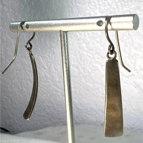 Vtg 925 Sterling Silver Dangle Earrings Geometric Curved Designed Hook Closure - Picture 4 of 6
